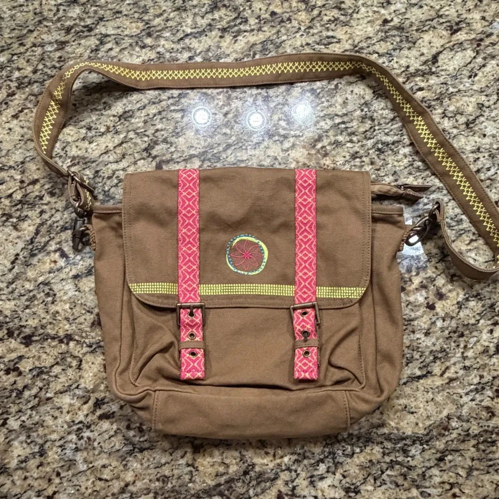 American Girl Brown Canvas Messenger Crossbody Bag Pink Yellow Embroidery Kids